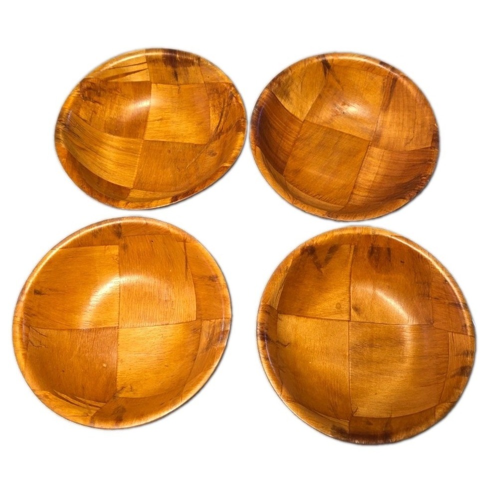 Vintage Woven Wood Bowls Set of 4 Individual Small Salad Snack Round 6" Parquet